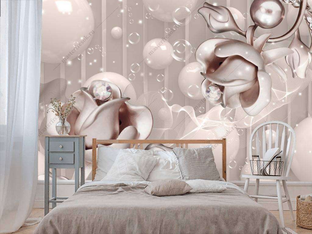 Фотообои в интерьере 3д платиновые цветы  10-652 фото