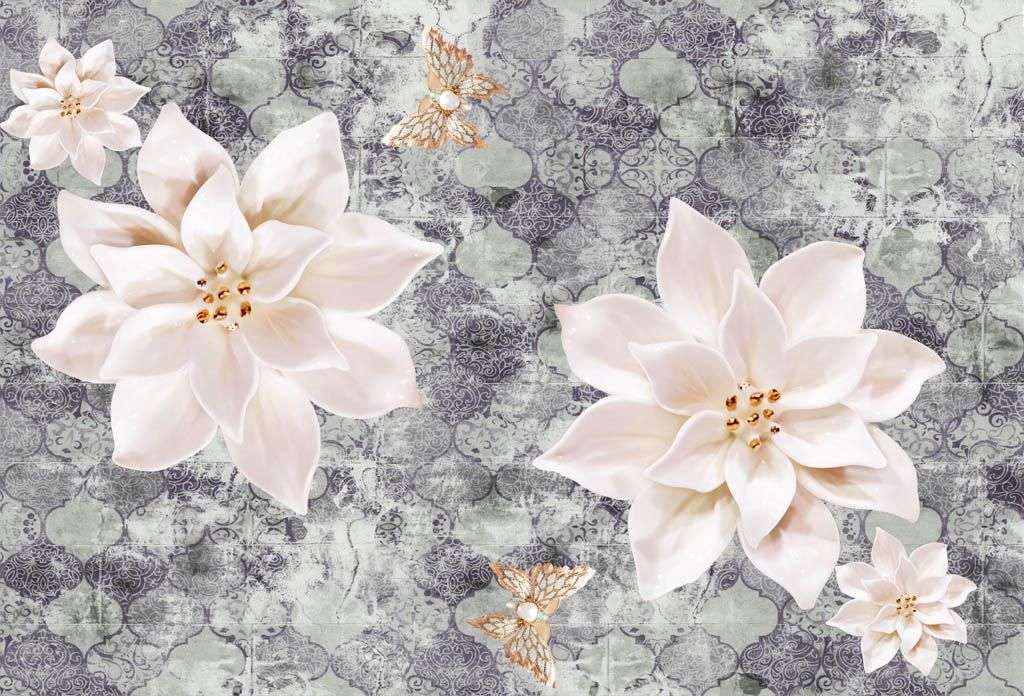 Фотообои в интерьере 3д цветы на ткани  10-920 фото