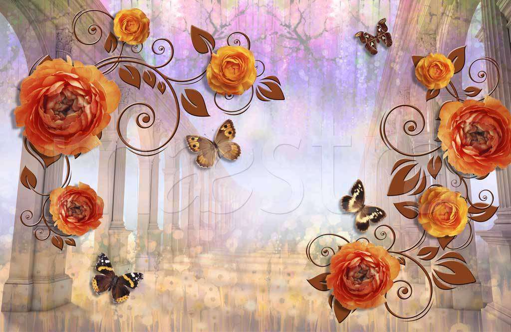 Фотообои в интерьере 3д с цветами и бабочками  7-487 фото