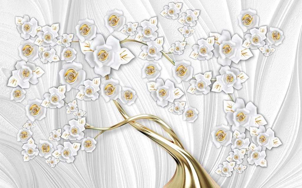 Фотообои в интерьере 3д золотое дерево на белом фоне  10-853 фото