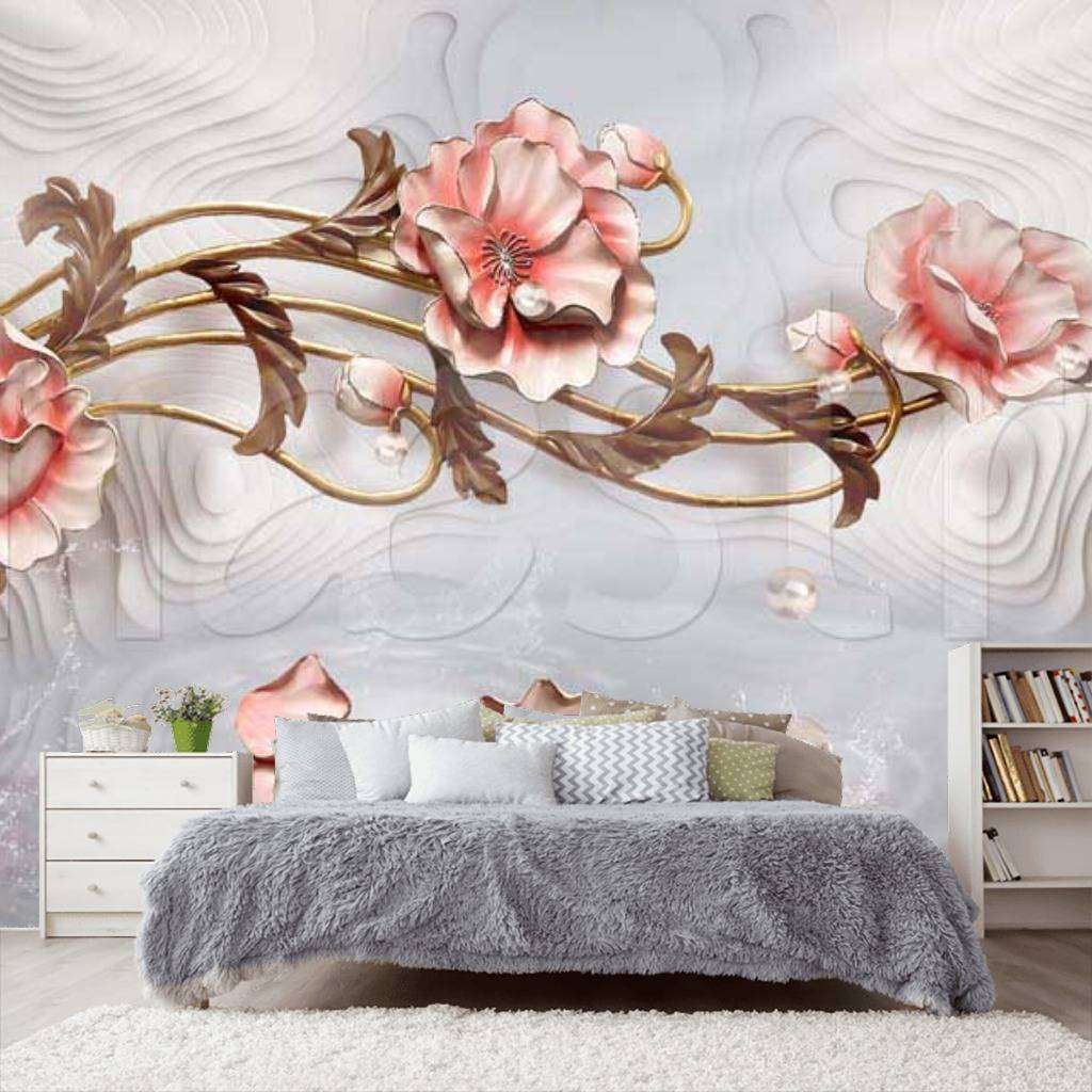 Фотообои в интерьере цветочная фантазия на сером фоне  7-432 фото