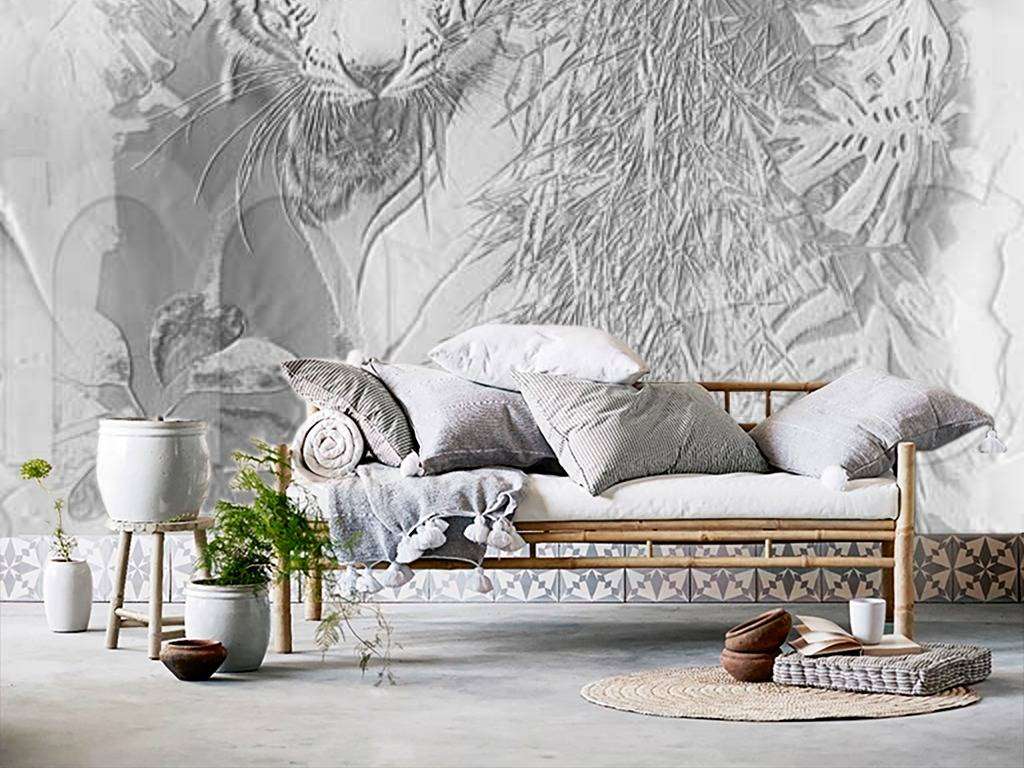 Фотообои в интерьере 3д белый тигр монохром  7-500 фото