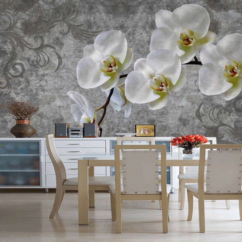 Фотообои в интерьере 3д ветка белой орхидеи  10-833 фото