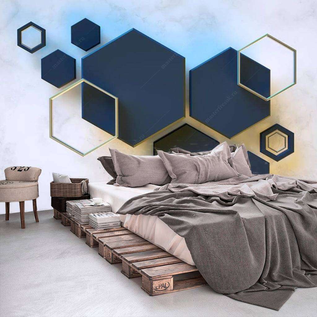 Фотообои в интерьере синие шестигранники  15-589 фото