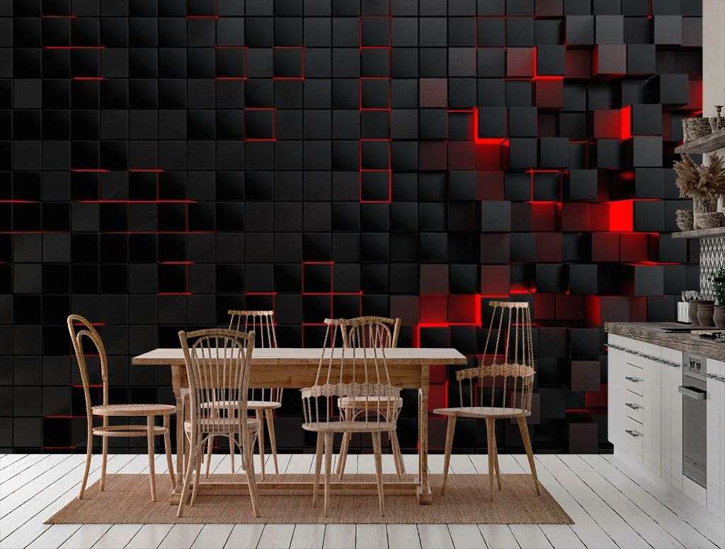 Фотообои в интерьере 3д стена черные квадраты на красном  10-884 фото