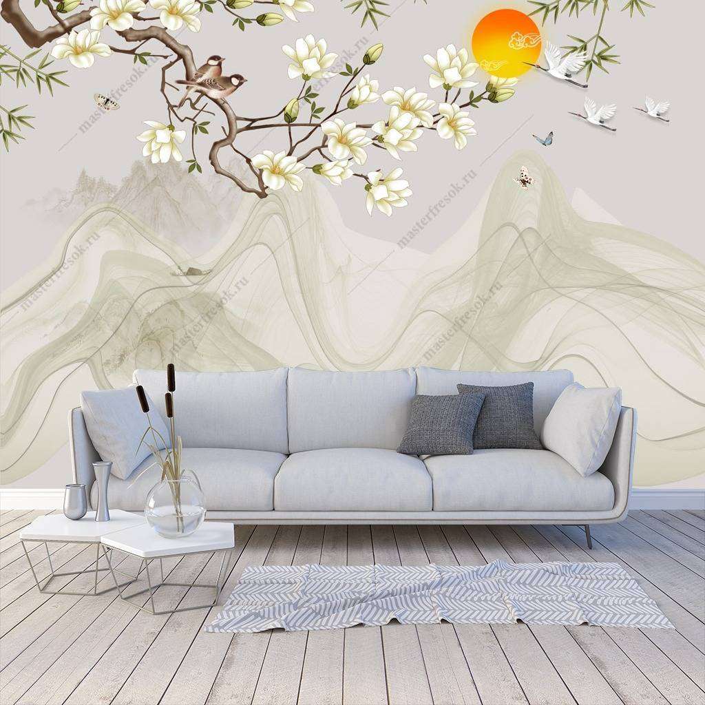 Фотообои в интерьере 3д китайский пейзаж  10-629 фото