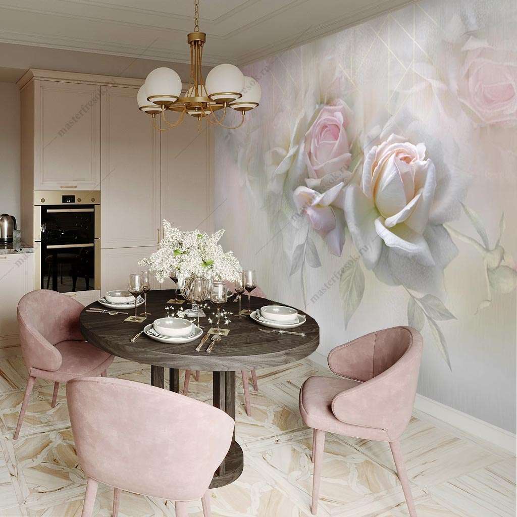 Фотообои в интерьере нежные розы в тумане  13-442 фото