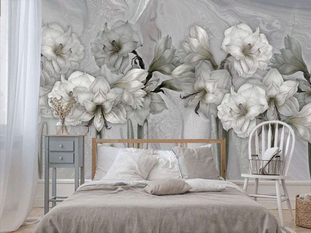 Фотообои в интерьере винтажные серые цветы  13-341 фото