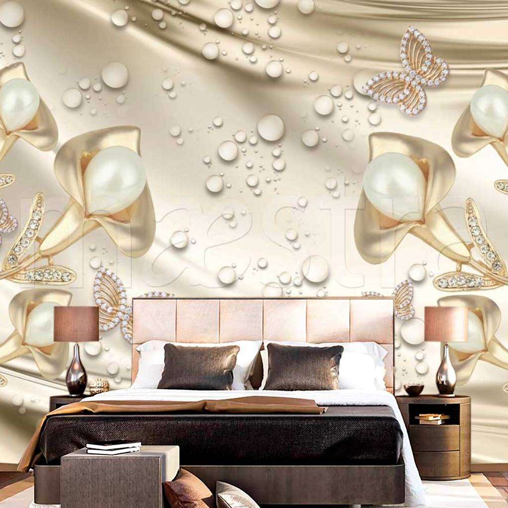 Фотообои 3д стереоскопический жемчуг на фоне шелка с каплями  10-462