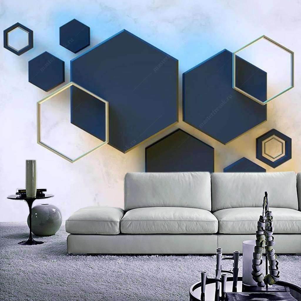 Фотообои в интерьере синие шестигранники  15-589 фото