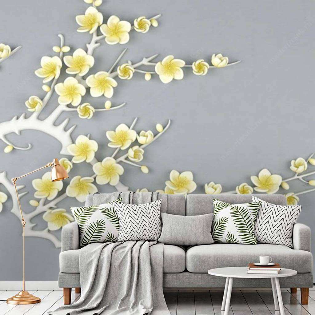 Фотообои в интерьере веточка с желтыми цветами  15-599 фото