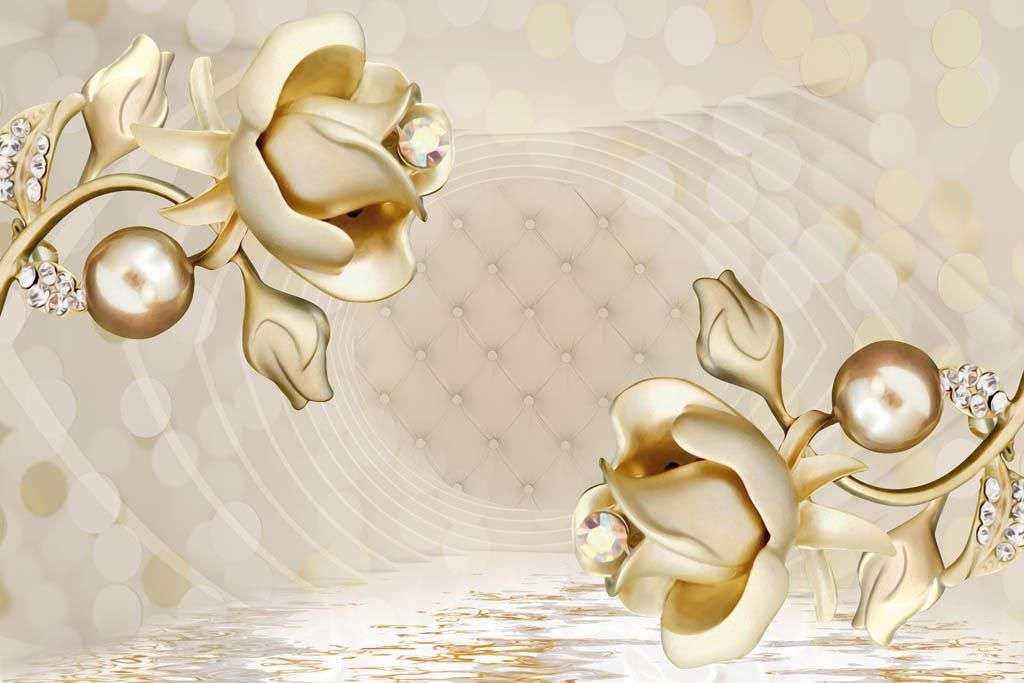 Фотообои в интерьере 3д цветы из золота  10-924 фото