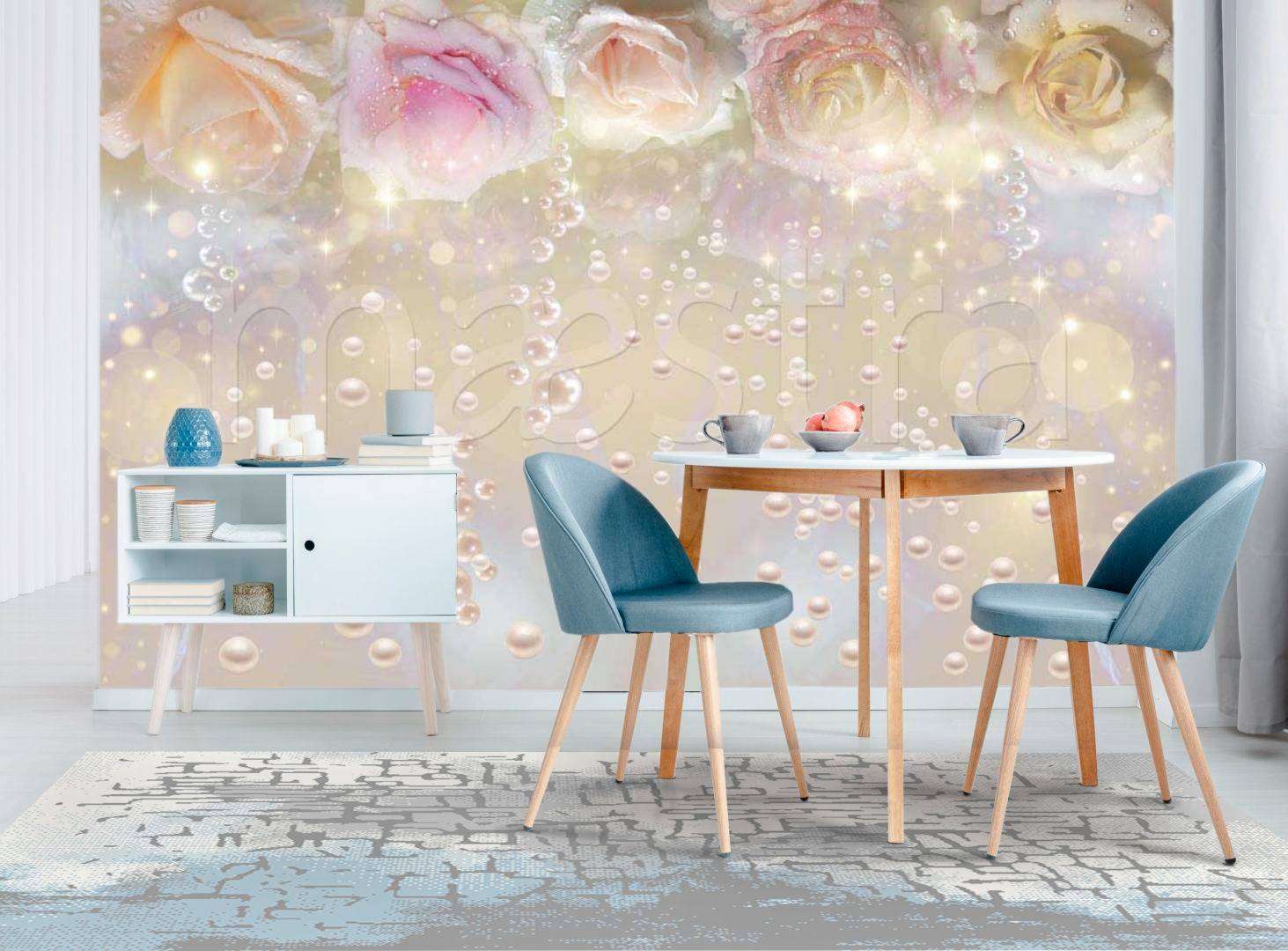 Фотообои в интерьере нежные розы с жемчугом  7-442 фото