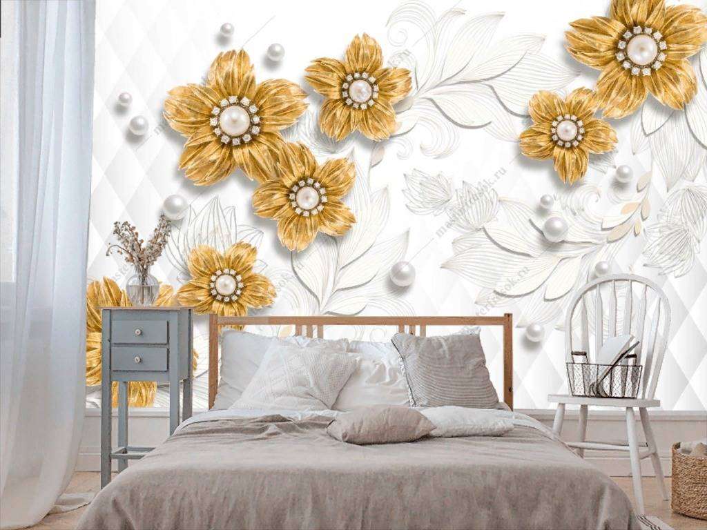 Фотообои в интерьере 3д позолоченные цветы  10-860 фото