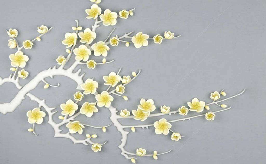 Фотообои в интерьере веточка с желтыми цветами  15-599 фото