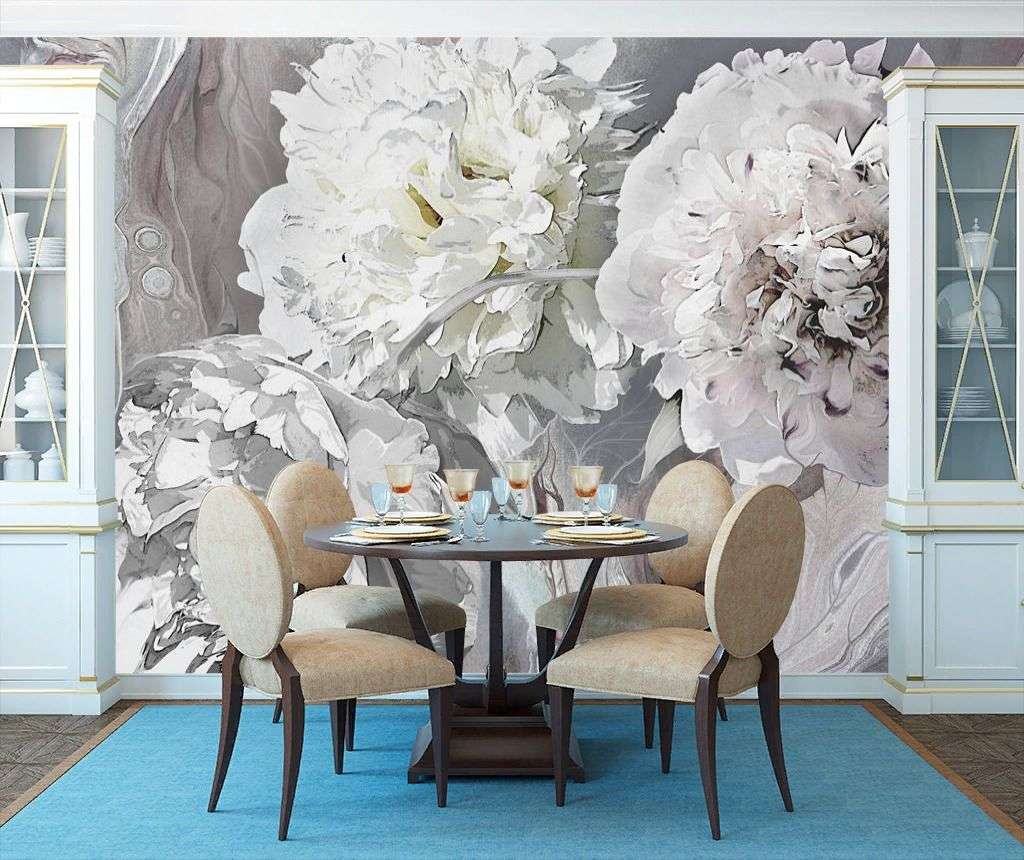 Фотообои в интерьере пионы 3д серые  13-230 фото