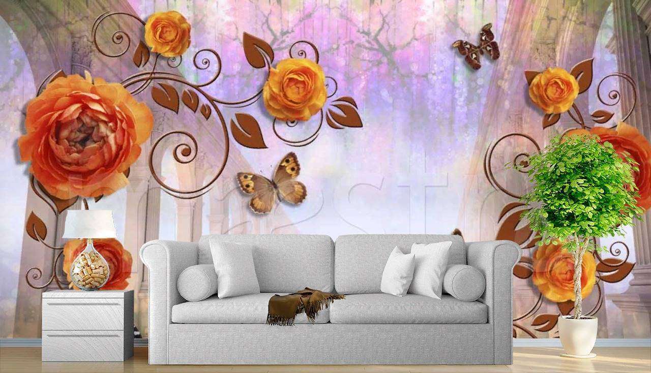 Фотообои в интерьере 3д с цветами и бабочками  7-487 фото