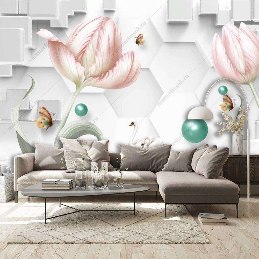 Фотообои в интерьере 3д тюльпаны  10-845 фото