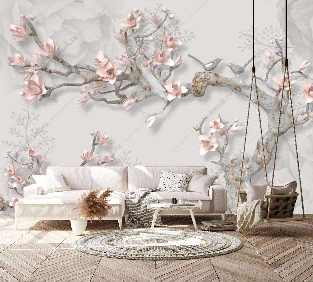 Фотообои в интерьере 3д сакура с розовыми лепестками  10-927 фото