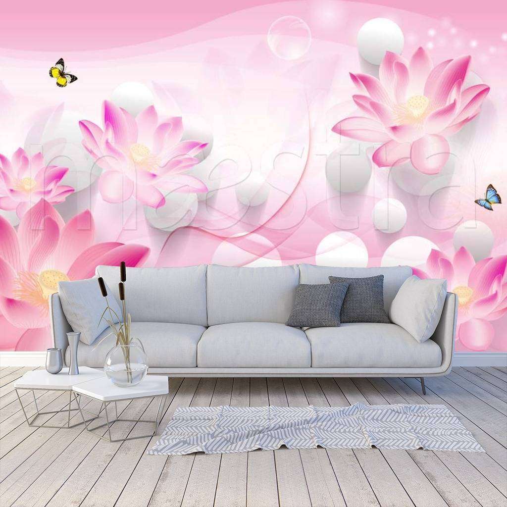 Фотообои 3д розовые объемные цветы с серыми шарами  10-507