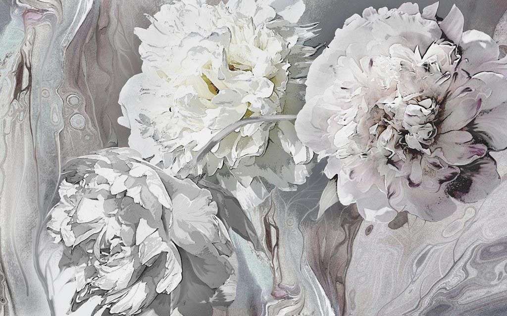 Фотообои в интерьере пионы 3д серые  13-230 фото