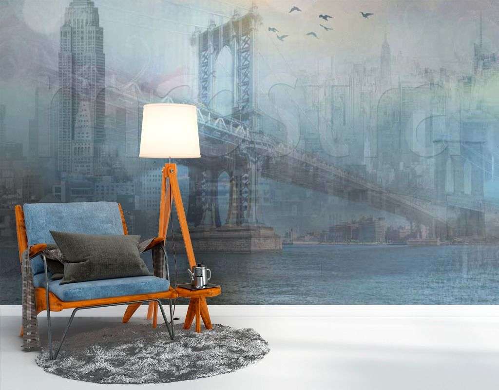 Фотообои в интерьере город и мосты в тумане  7-401 фото