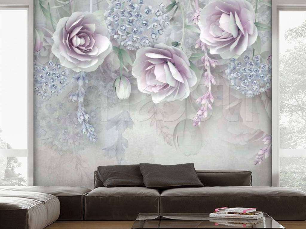 Фотообои в интерьере 3д цветы нежно сиреневые  15-036 фото
