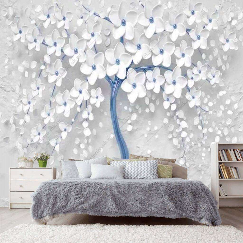 Фотообои в интерьере 3д дерево с золотыми цветами  10-742 фото