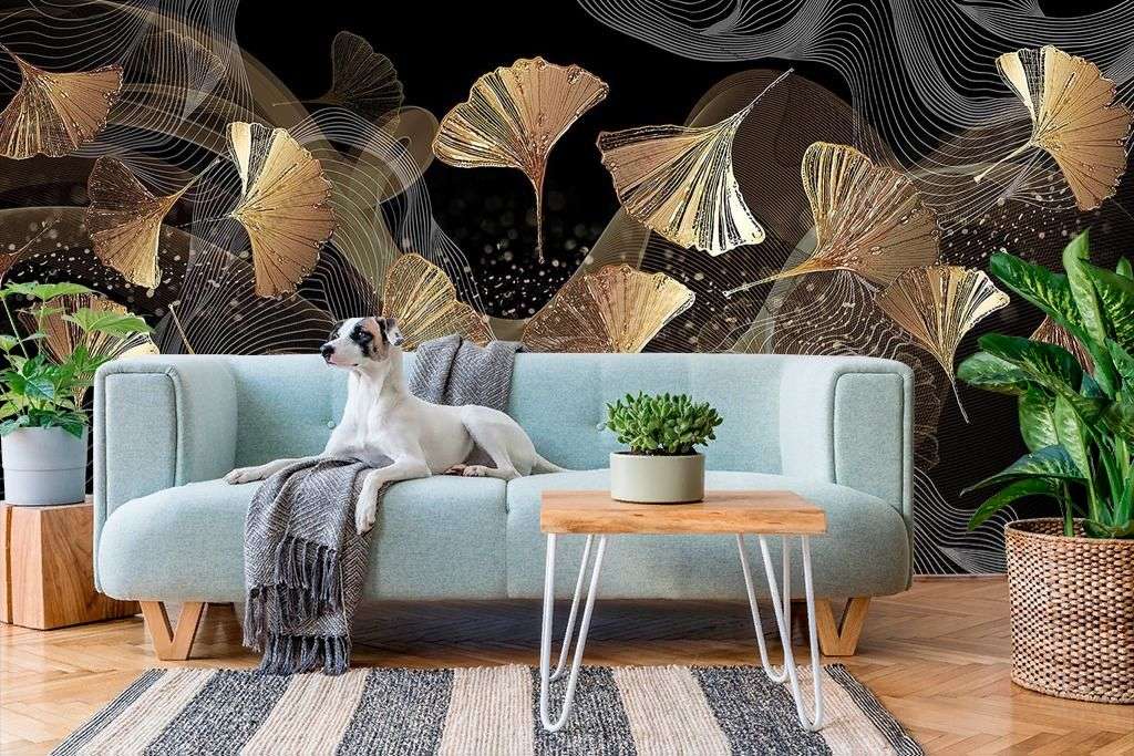 Фотообои в интерьере золотые листья и нити  9-1436 фото