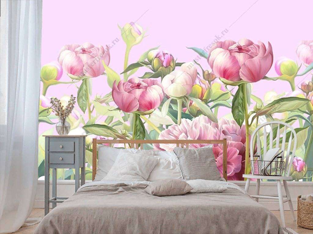 Фотообои в интерьере акварельные пионы  10-877 фото