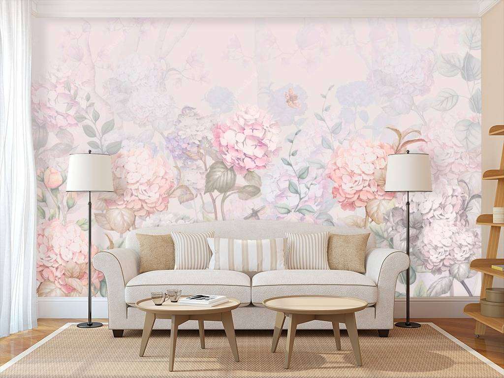 Фотообои в интерьере розовые гортензии  13-110 фото