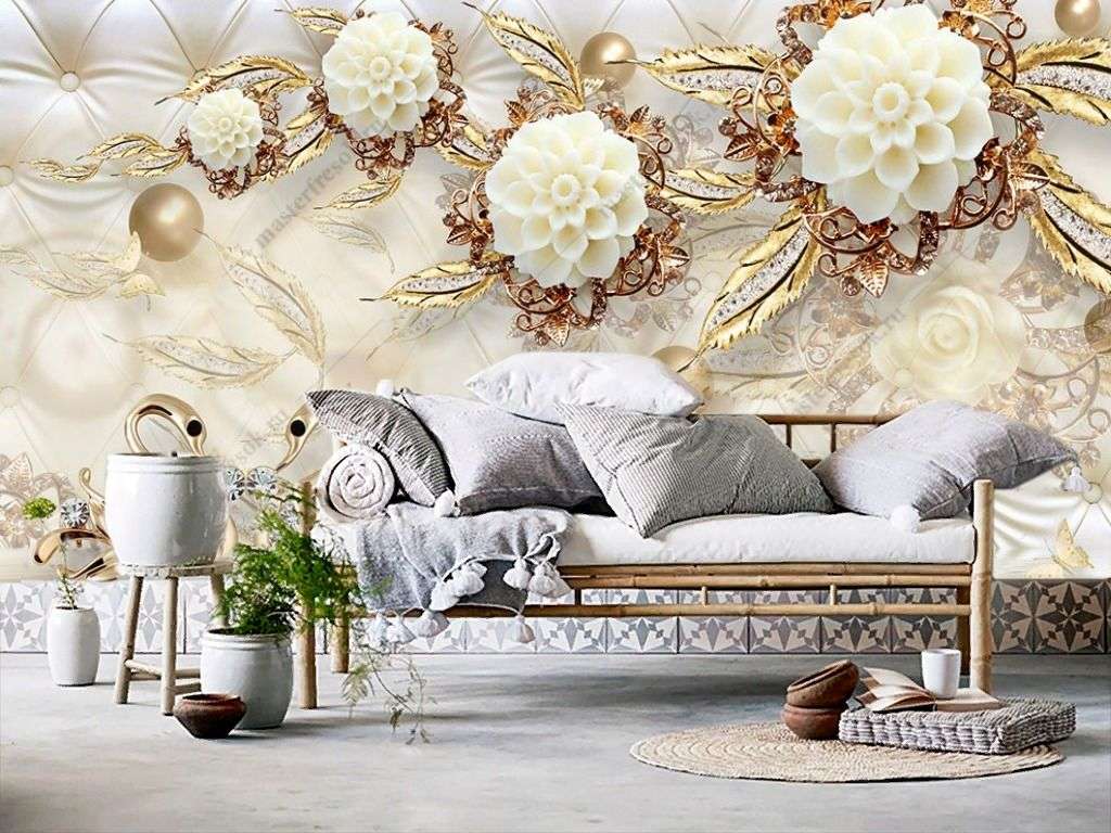 Фотообои в интерьере 3д цветы золотые  10-897 фото