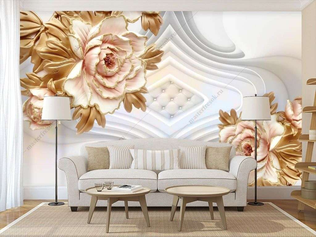 Фотообои в интерьере 3д объемные золотые цветы  10-926 фото