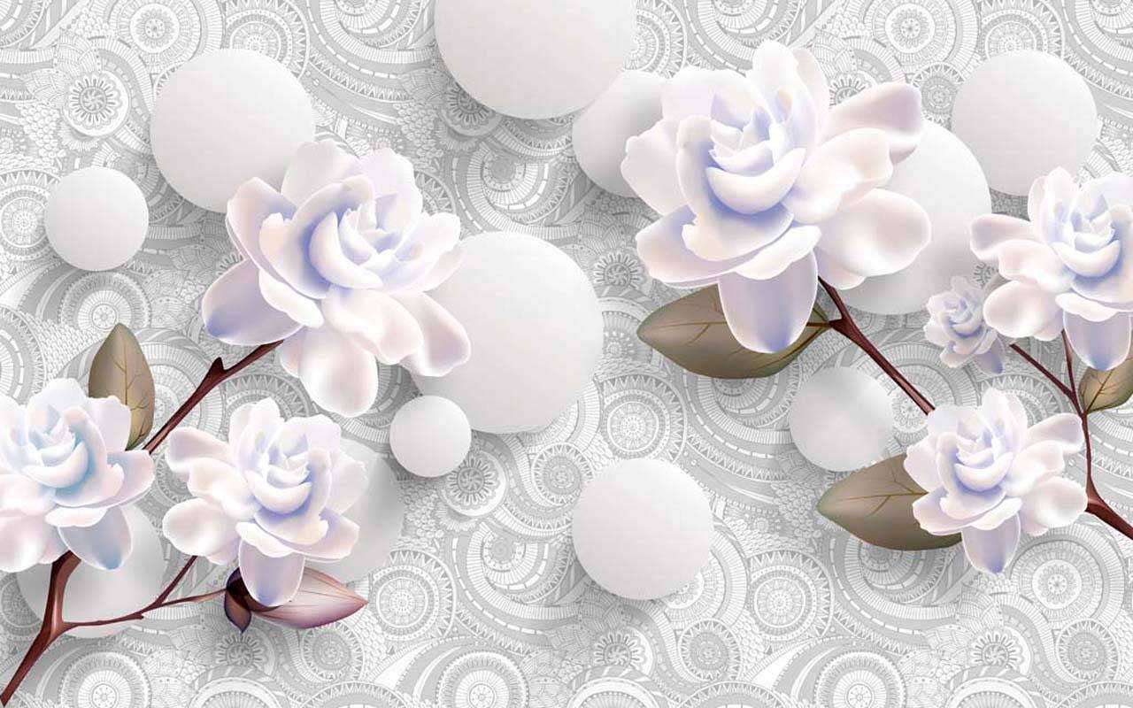 Фотообои в интерьере 3д белые розы с серыми шарами  10-508 фото