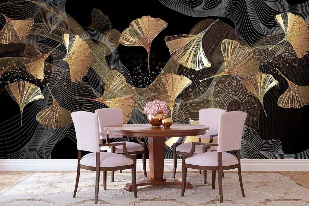 Фотообои в интерьере золотые листья и нити  9-1436 фото