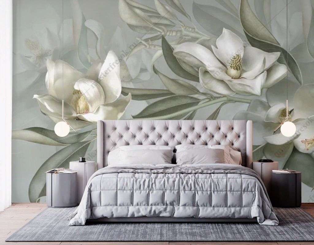 Фотообои в интерьере лилии на зеленом фоне  13-477 фото