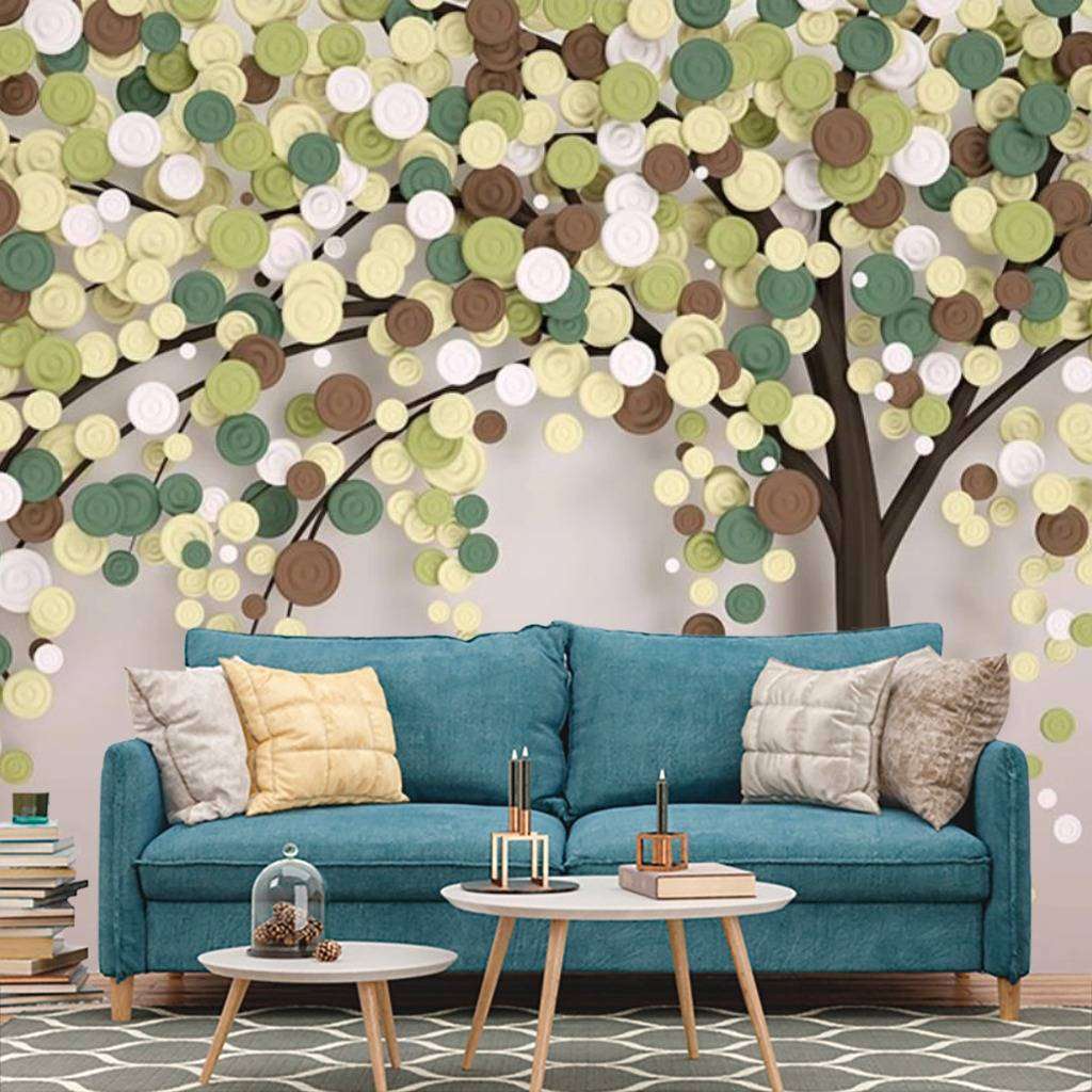 Фотообои в интерьере 3д дерево зеленые кружочки  15-483 фото