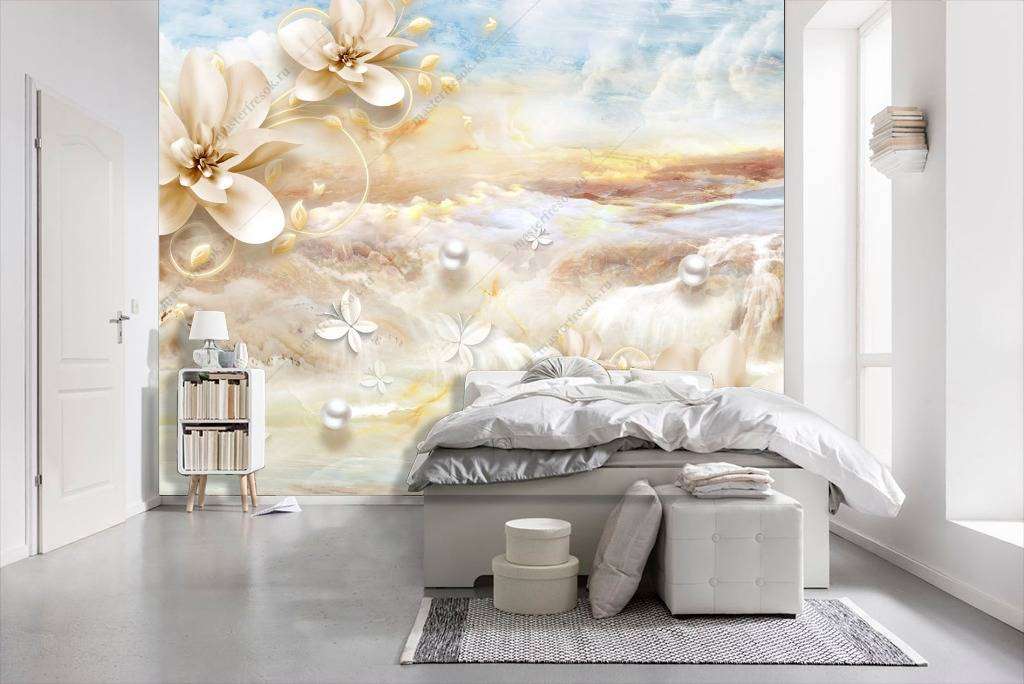 Фотообои в интерьере цветы на фоне гор  10-689 фото