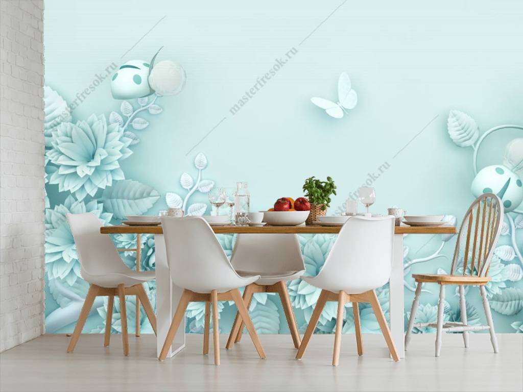 Фотообои в интерьере 3д бирюзовый фон  10-644 фото