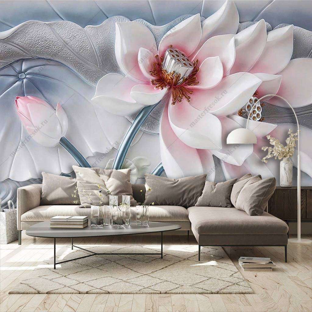 Фотообои в интерьере 3д объемный бело-розовый цветок  10-846 фото
