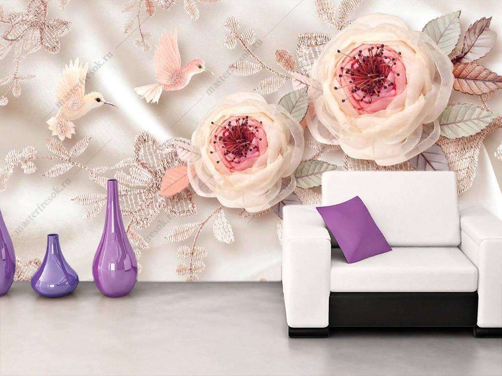 Фотообои в интерьере 3d розы и птицы  10-847 фото