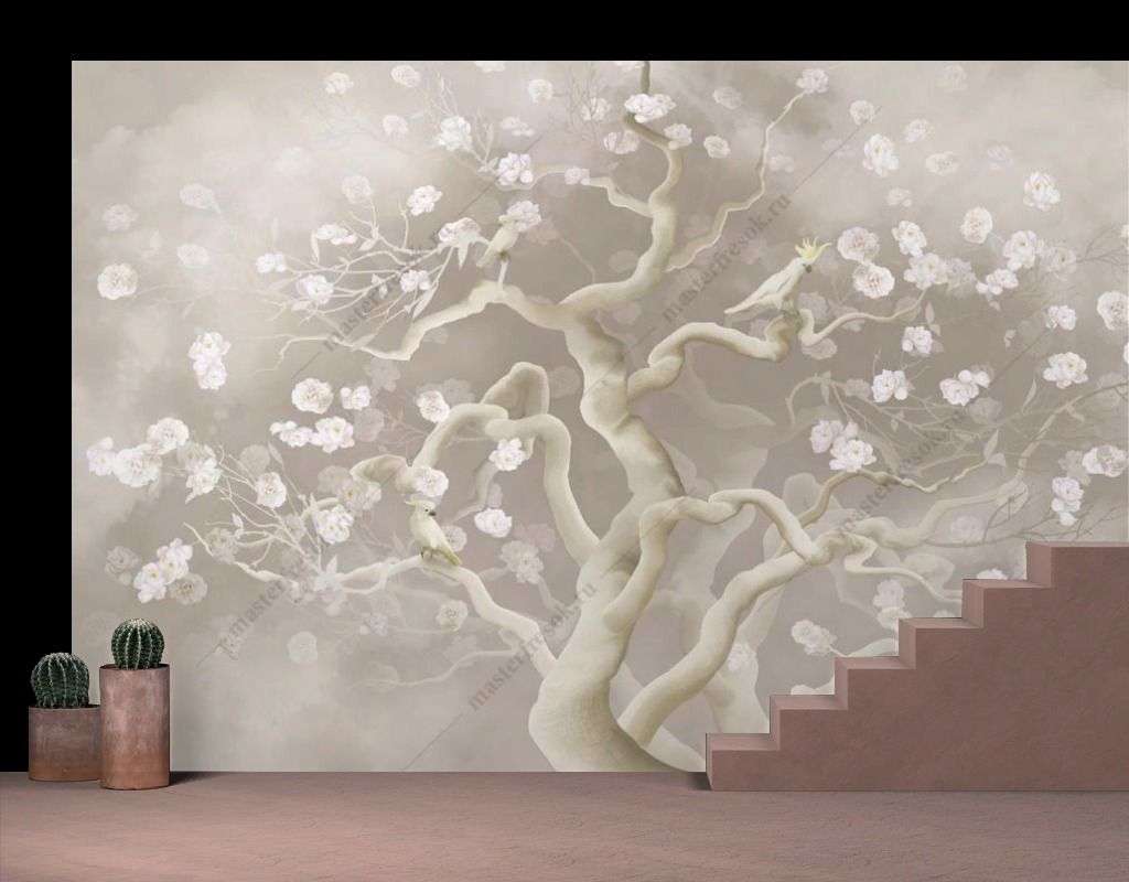 Фотообои в интерьере дерево цветущее  13-592 фото