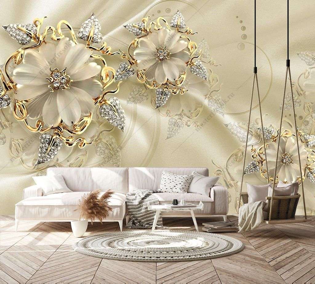 Фотообои в интерьере 3д золотые цветы на шелке  10-930 фото