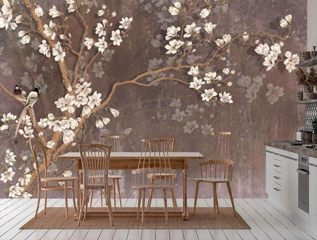 Фотообои в интерьере 3д белая сакура  10-914 фото