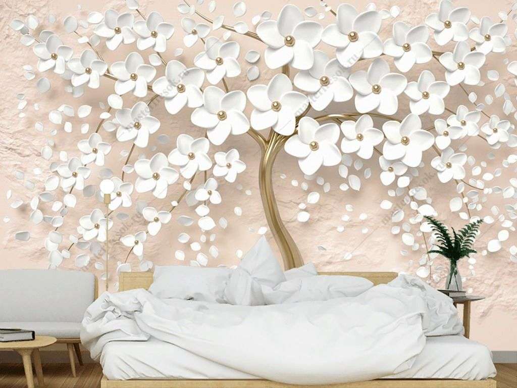 Фотообои в интерьере дерево 3д на пудровом фоне  10-888 фото