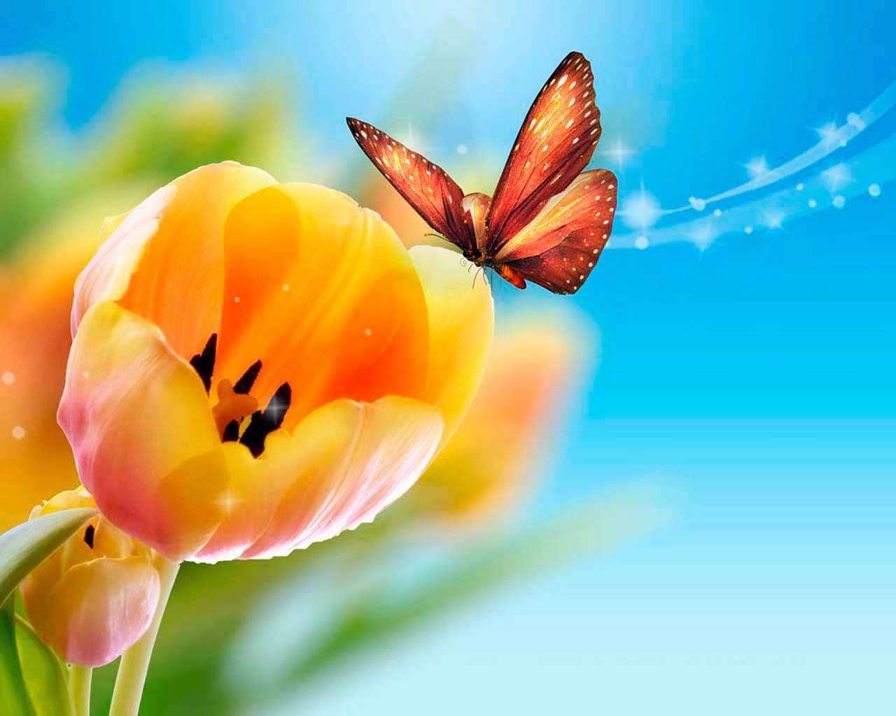 Фотообои в интерьере желтые тюльпаны и бабочка  4-095 фото