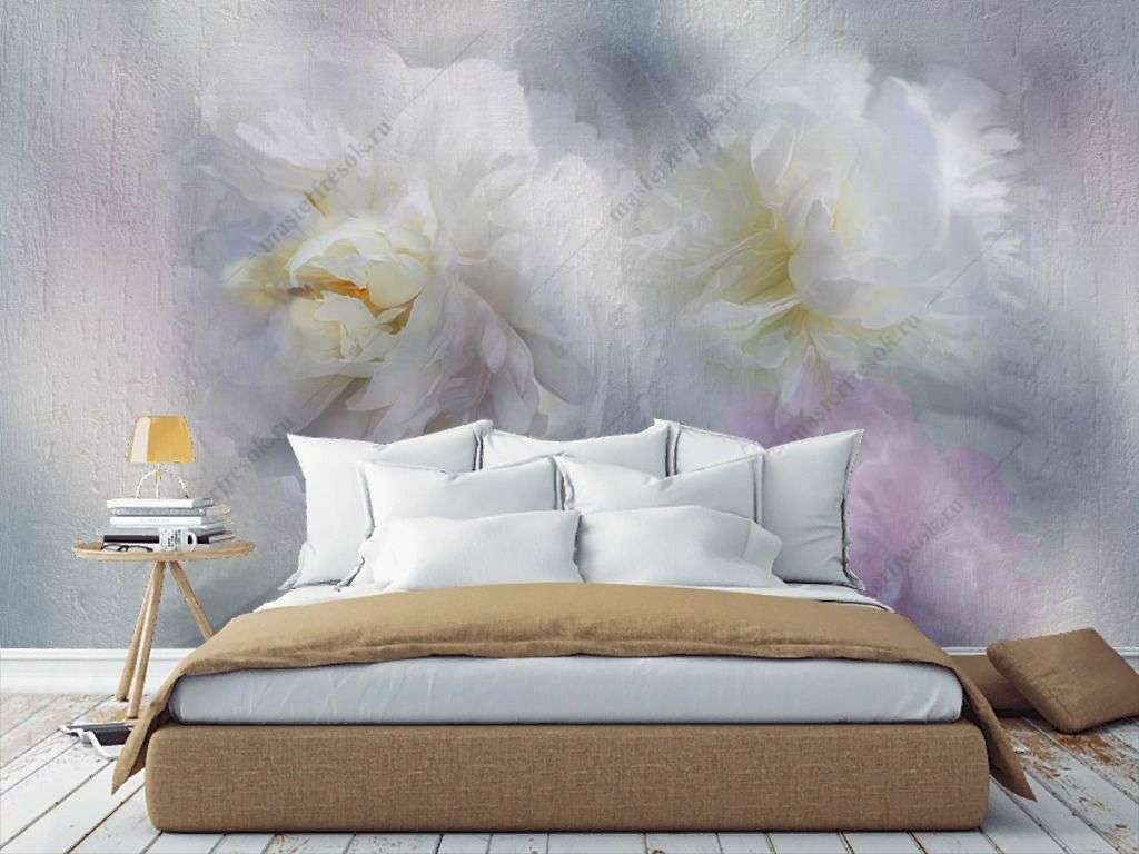 Фотообои в интерьере нежные белые пионы  13-370 фото