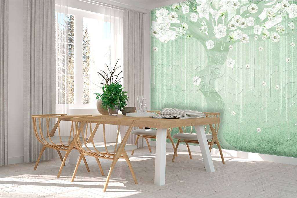 Фотообои Сакура на светло зеленом фоне  7-970