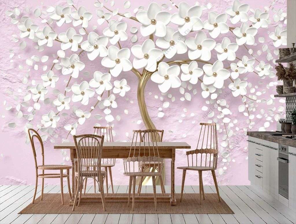 Фотообои в интерьере 3д дерево с белыми цветочками  10-889 фото
