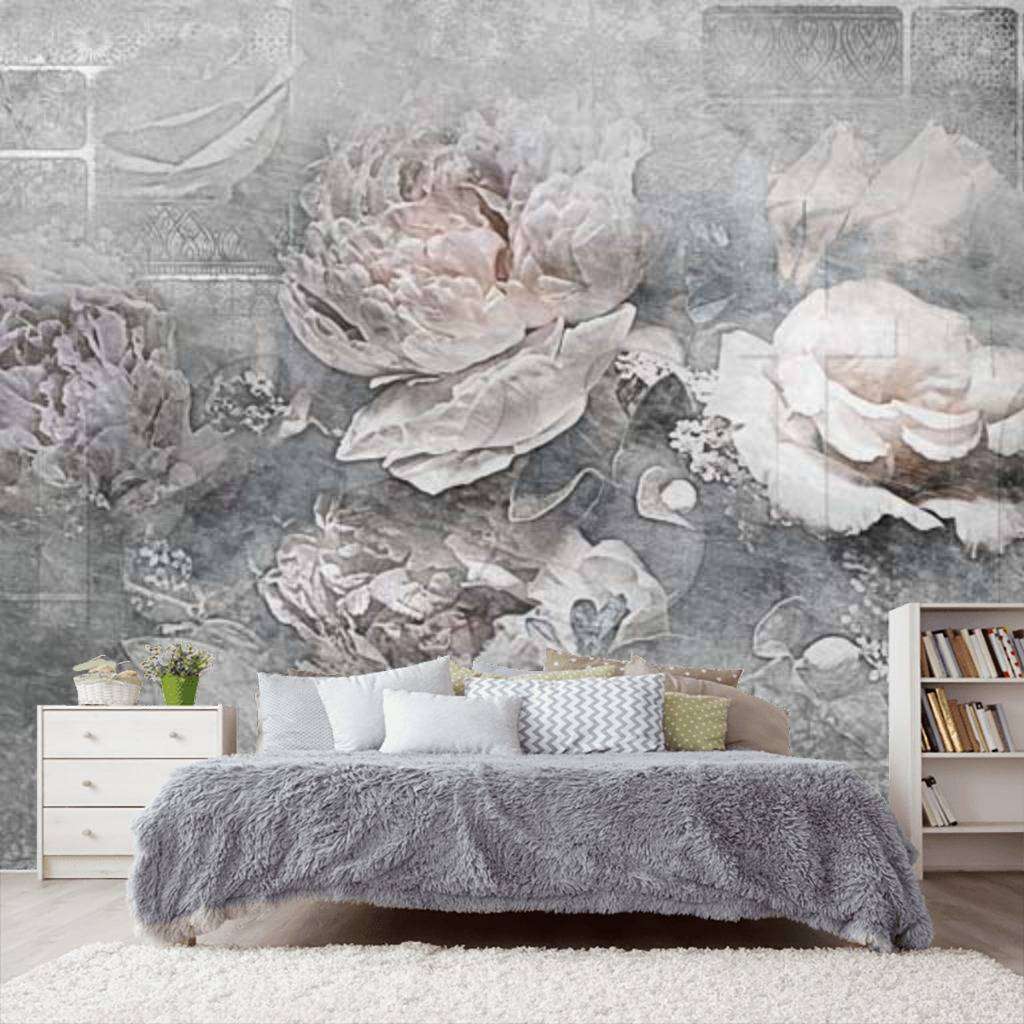 Фотообои в интерьере цветы 3д на сером фоне  7-765 фото